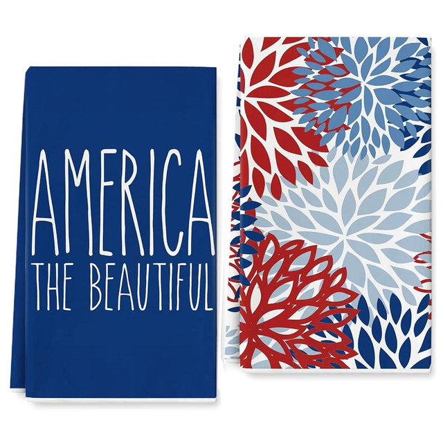 AnyDesign Patriotic Kitchen Dish Towel 4th of July American Flower Dishcloth 18 x 28 Inch America The Beautiful Hand Drying Tea Towel for Independence Day Memorial Day Cooking Baking, 2Pcs