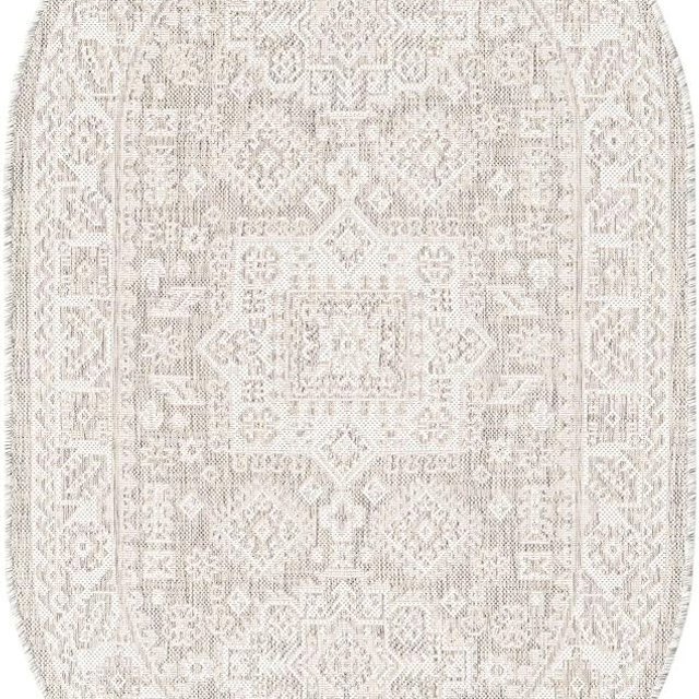 Rugs.com Outdoor Aztec Collection Rug – 3' x 5' Oval Light Gray Flatweave Rug Perfect for Living Rooms, Large Dining Rooms, Open Floorplans