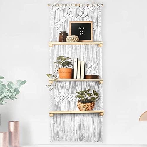 SnugLife Macrame Wall Hanging Shelf - 3 Tier Wall Shelves with Handmade Woven Rope - Boho Shelves Organizer Hanger for Kitchen, Bathroom, Home Storage, Floating Indoor Plant Wall Shelf (Pine Wood)