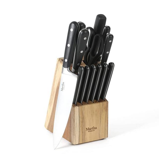 Martha Stewart Eastwalk 14pc Stainless Steel Cutlery Knife Block Set w/ ABS Triple Riveted Forged Handle Acacia Wood Block - Matte Black