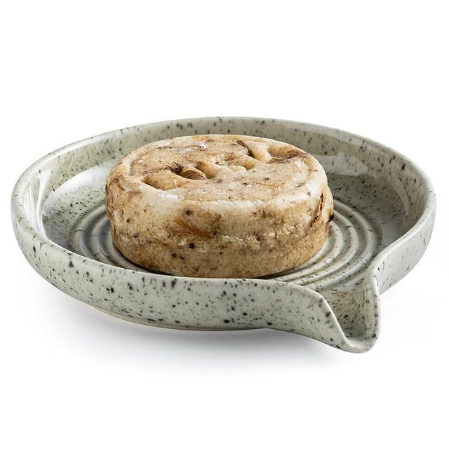 Soap Dish with Self-Draining Design, Ceramic Soap Holder with Drain Spout Soap Tray for Shower, Bathroom and Kitchen Sink, Keep Bar Soap Dry, Speckled Glaze