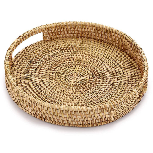 Hipiwe 10" Round Rattan Serving Tray with Handles, Hand-Woven Decorative Organizer Tray for Storage Breakfast Drinks Snack, Centerpiece Fruit Basket for Home Decoration, Small