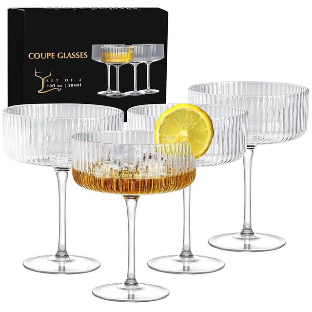 Coupe Glasses Set of 4, 10 oz Ribbed Martini Glasses, Hand Blown Cocktail Glasses, Bar Drinking Glasses, Gift Boxed Drinking Glasses Set Pefect for Espresso Martini, Manhattan, Cocktail, Champagne