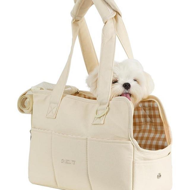 ONECUTE Dog Purse Carrier for Small Dogs Rabbit cat with Large Pockets, Cotton Bag, Dog Carrier Soft Sided, Collapsible Travel Puppy Carrier (Beige, 13.6" L x 6.5" W x 10" H)