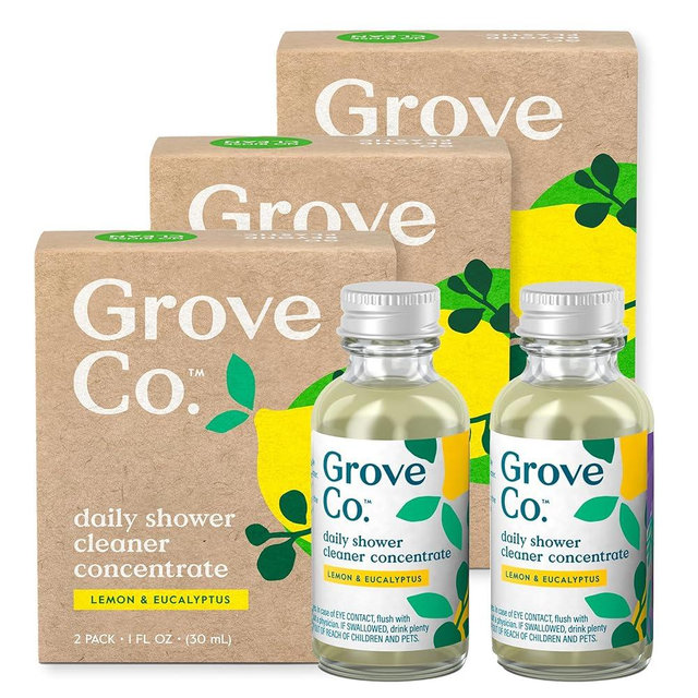 Grove Co. Daily Shower Cleaner Refill Concentrate (6 x 1 Fl Oz), Creates 16 Oz Cleaner, Removes Soap Scum, Scrub-Free, Plant-Based Household Cleaning Supplies, Lemon & Eucalyptus Fragrance