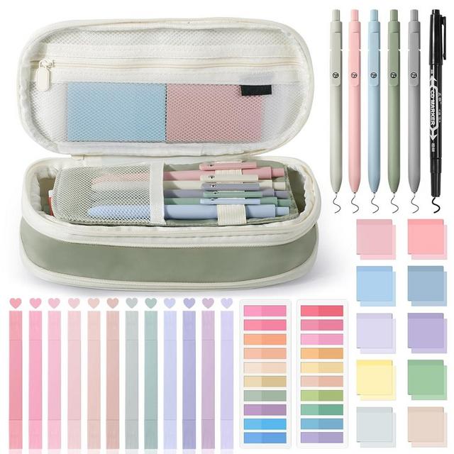 KOUDGY 49Pcs Book Annotation Kit - Aesthetic Pencil Case Bag with Highlighters Gel Pens and Marker, 900 Sheets Transparent Index Tabs Sticky Notes Bible Study Supplies (Green)