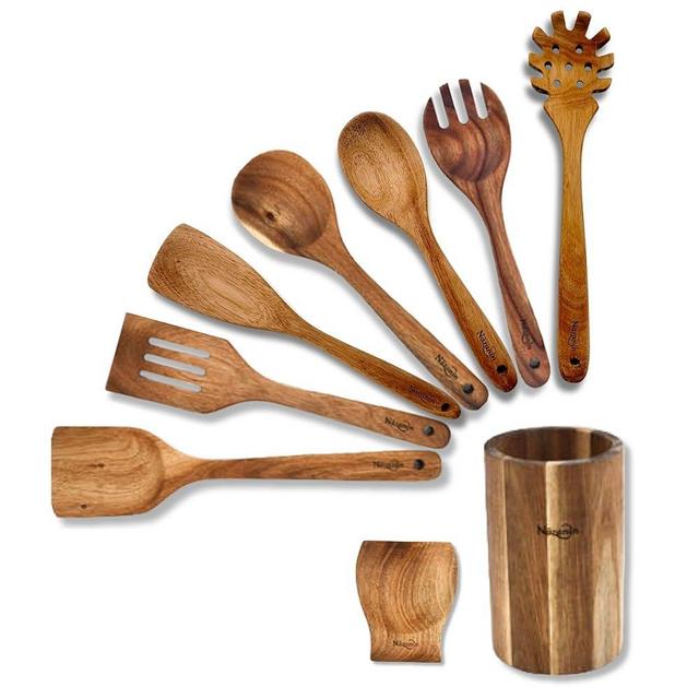 NAZANIN 9-Piece Natural Acacia Wood Kitchen Utensil Set with Holder & Spoon Rest, Wooden Spoon Set for Nonstick Pans & Cookware, Durable, Lightweight, Heat Resistant, & Non-Scratch Cooking Spoons