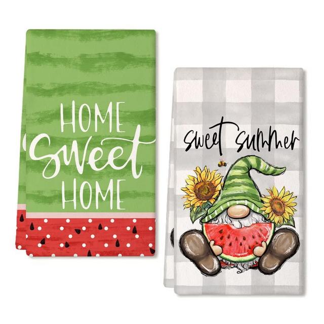 GEEORY Kitchen Towels for Summer Decor Gnome Watermelon Dish Towels 18x26 Inch Ultra Absorbent Bar Drying Cloth Hand Towel for Kitchen Bathroom Party Home Decorations Set of 2