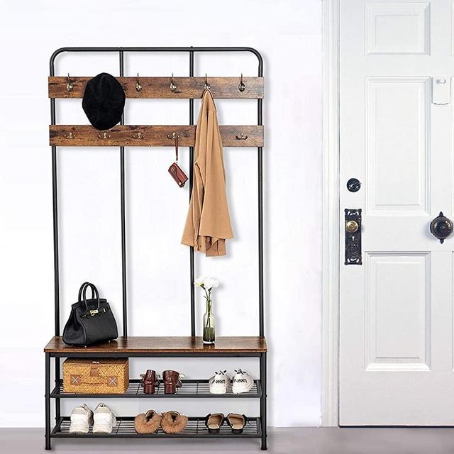 Coat Rack, Hall Tree with Shoe Bench, Coat Tree with 12 Hooks for Entryway, Industrial Accent Furniture with Storage Shelf, 4 in 1 Industrial Design, Easy Assembly，Rustic Brown