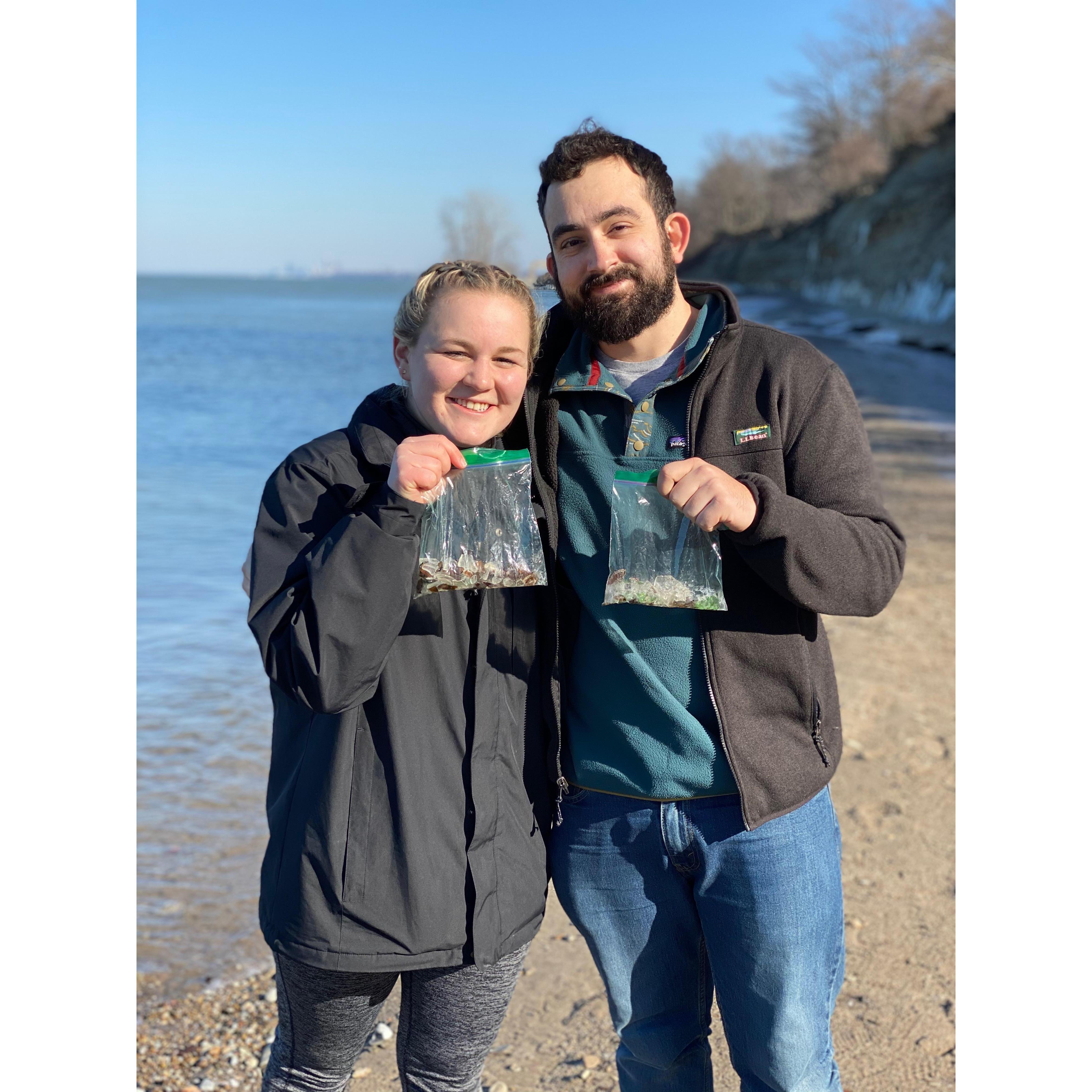 Collecting sea glass from Lake Erie in Bay Village (Billy is still learning).