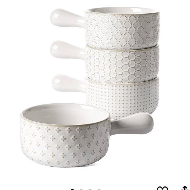 LE TAUCI French Onion Soup Bowls, 18 Ounce Soup Bowls With Handles for Chili, Beef Stew, French Onion Soup Crocks Oven Safe - 5 inch, Set of 4, Arctic White