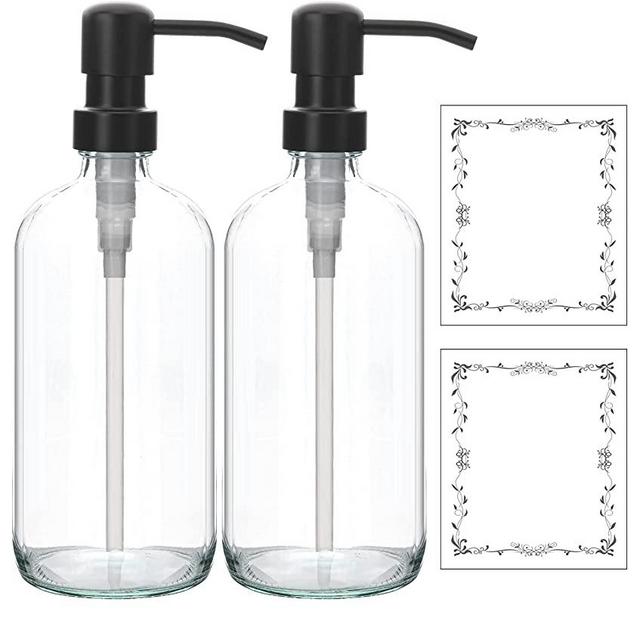 SunyamGo Glass Soap Dispenser, 2 Packs Large 16 Oz Thick Glass Bottle with Rust Proof Pump, Bottles for Kitchen Bathroom, Hand Dish Soap Shampoo Shower Lotion - Clear