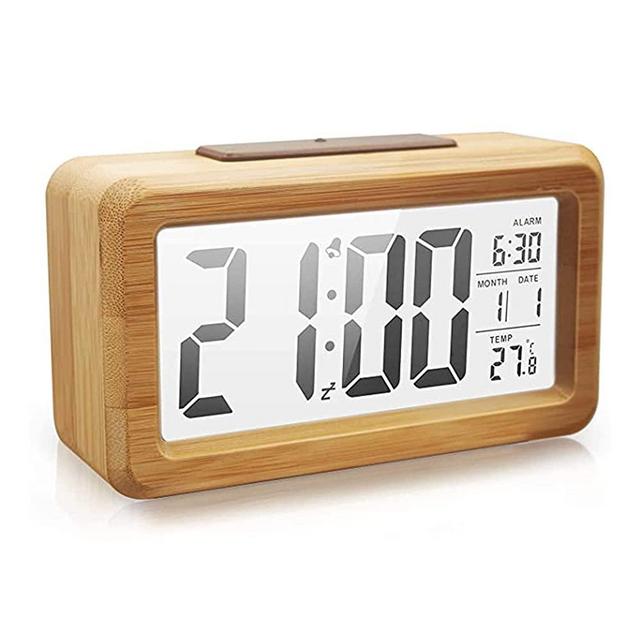 Wood Digital Alarm Clock, Solid Wood Clock with Snooze, LED Time Display, 2 Alarm Settings, Temperature Detect, Electric Clocks for Bedroom, Bedside,Desk, Office