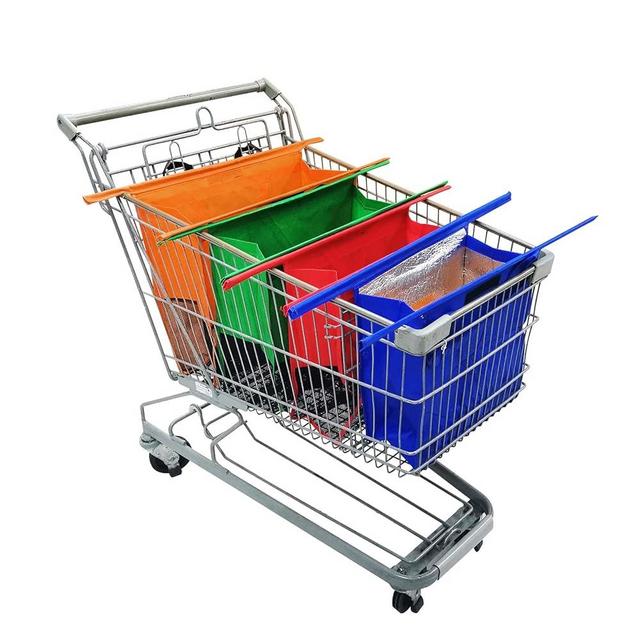 Trolley Bags for Shopping Cart-Set of 4 Shopping cart Bags for Groceries with Cooler Bag & Egg/Wine Holder.Eco-Friendly 4 Reusable Grocery Cart Bags/Grocery Tote Bag/Cart Daddy(Orange,Green,Red,Blue)