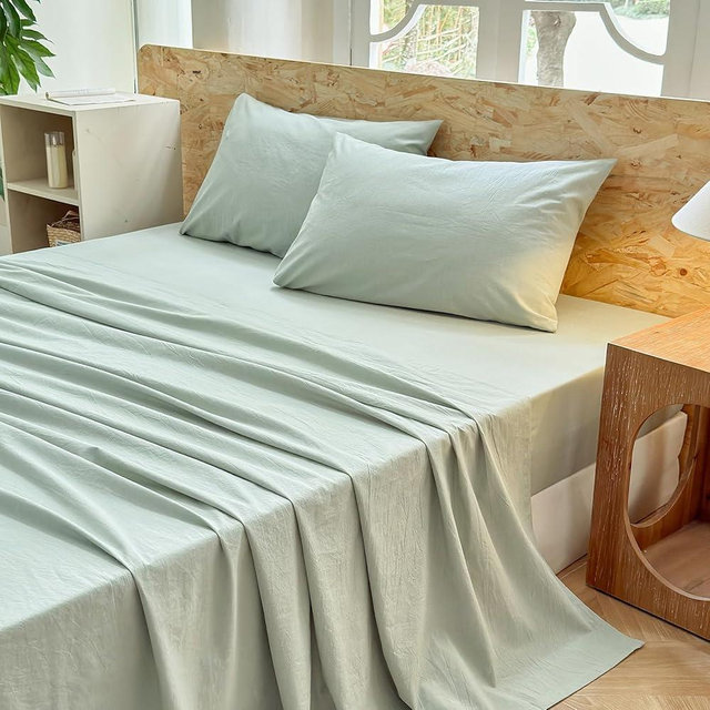 BESTDESIL Striped Bedding Sheet Set 4 Pcs,100% Washed Cotton Linen Like,1 Fitted Sheet,1 Flat Sheet and 2 Pillowcases,Comfy Textured Sheet Set(Sage Green,Queen)