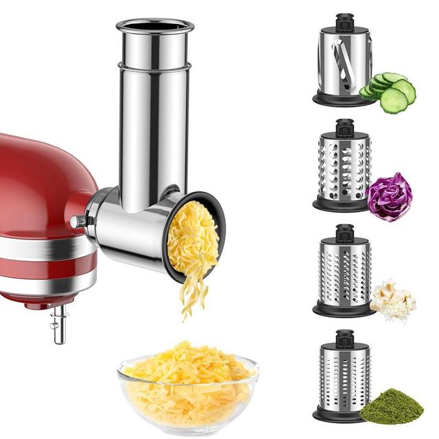 Heiolkako Stainless Steel Slicer Shredder Attachment for KitchenAid Stand Mixer,Cheese Grater,Salad Maker,Grinding Powder,Kitchenaid Cheese Grater Attachment with 4 Blades