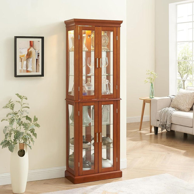 Mcltopz Lighted Curio Cabinet with Tempered Glass Doors, 6 Tiers Curio Diapaly Cabinet with Adjustable Shelves and Mirrored Back Panel, Floor Standing Glass Display Cabinet for Home No Bulb (Walnut)