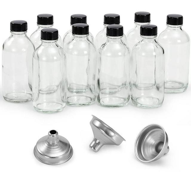 10 Pack, 4 oz Small Clear Glass Bottles with Lids & 3 Stainless Steel Funnels - 120ml Boston Round Sample Bottles for Potion, Juice, Ginger Shots, Oils, Whiskey, Liquids - Travel Bottles NO Leakage