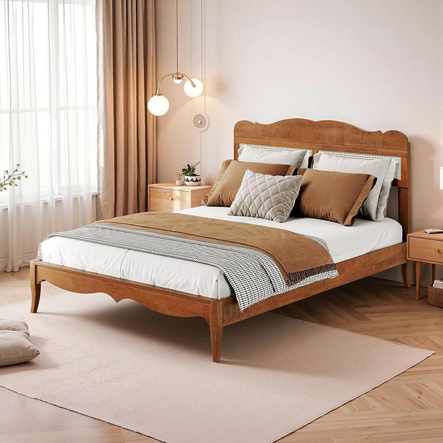 MAISON ARTS Queen Size Bed Frame with Solid Wood & Woven Rattan Headboard – Natural Craftsmanship, Reinforced Wooden Slats, No Box Spring Needed & Easy Assembly