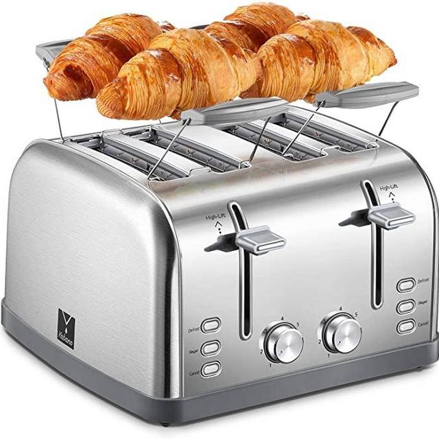 Yabano 4 Slice Toaster, Retro Bagel Toaster with 7 Bread Shade Settings and Warming Rack, 4 Extra Wide Slots, Defrost/Bagel/Cancel Function, Removable Crumb Tray, Stainless Steel Toaster, Silver