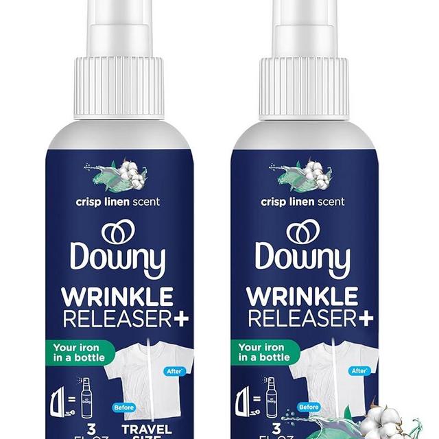 Downy Wrinkle Releaser Spray All In One Wrinkle Release Spray Travel Size, Odor Eliminator, Static Remover Fabric Refresher & Ironing Aid for Clothes 3 Fl Oz (Pack of 2), Crisp Linen Scent