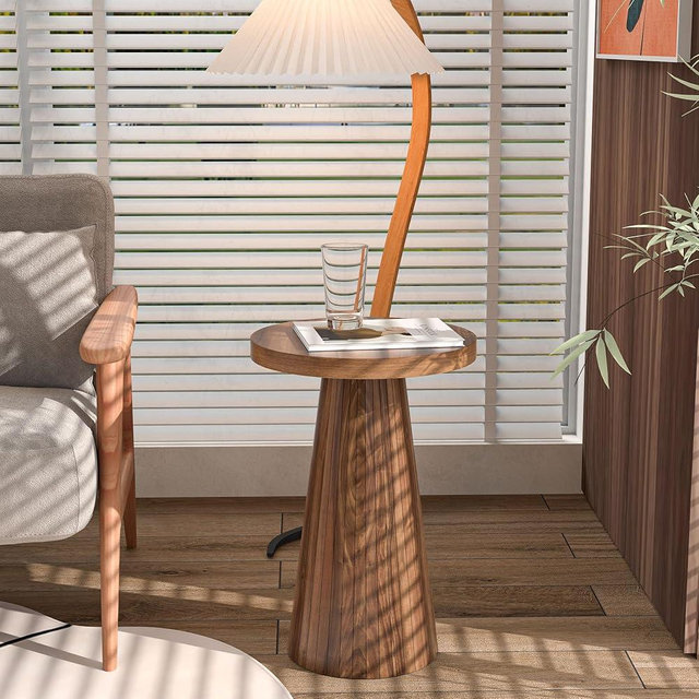 Round Pedestal Side End Table, Fluted Drink Table for Small Spaces, Wooden Farmhouse Modern Accent Cocktail Table for Sofa Couch Living Room, 13.6 inch (Walnut)