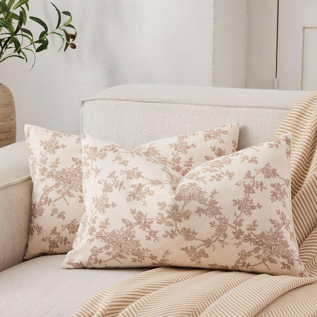 YZJZEDS 100% Cotton French Pastoral Lumbar Throw Pillow Covers Set of 2, 12x20 Inch Brown Farmhouse Decorative Cushion Covers for Sofa Bed Living Room Home Decor