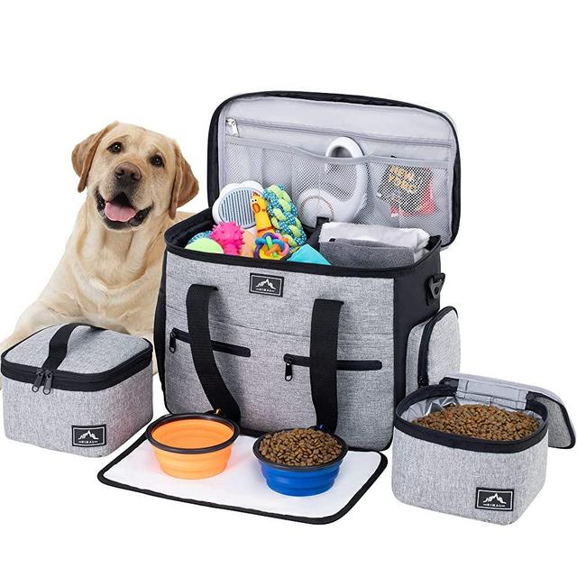 Dog Travel Bag Kit for Supplies - Large Pet Travel Bag for Dogs - Convenient Luggage Sleeve, Overnight, and Weekend Trips - Includes 2 Food Containers, 1 Organizer, 2 Collapsible Bowls Grey