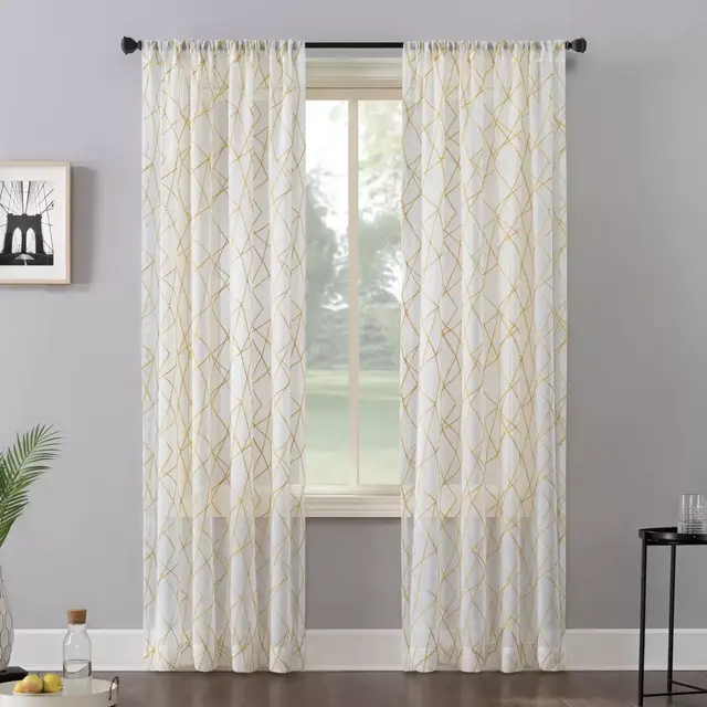 No. 918 Abstract Geometric Embroidery Semi-Sheer 84-Inch Rod Pocket Window Curtain Panel in Gold