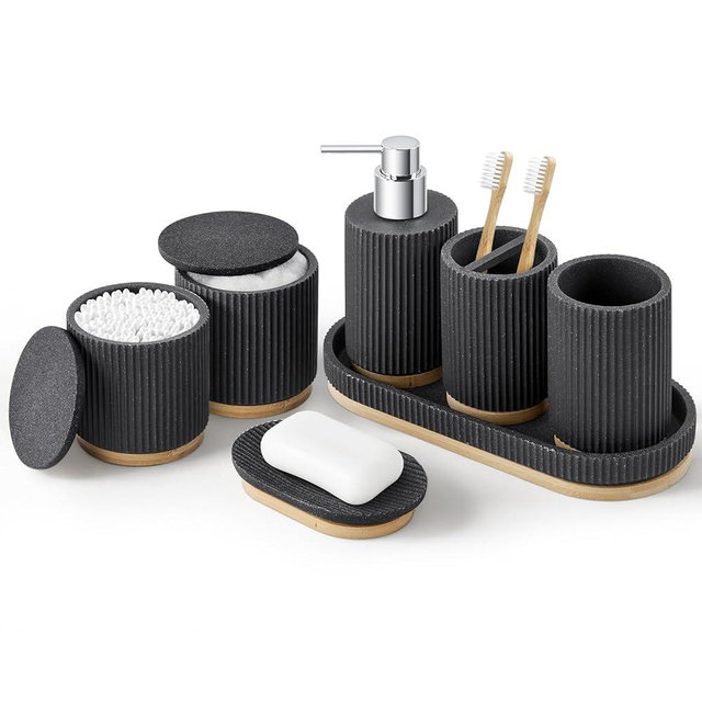7PCS Bathroom Accessories Set, with Soap Dispenser, Q-tip Holder, Toothbrush Holder, Tumbler, Soap Dish, Vanity Tray, Complete Bathroom Accessory Set Organizer Countertop for Modern Home Decor, Black
