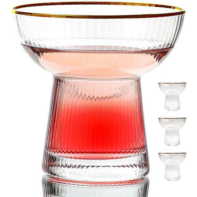Lysenn Stemless Margarita Glasses Set of 4 - Elegant Vertical Stripes Cocktail Glasses – Premium Hand Blown Glassware for Martini and Mixed Drinks – 10 oz Gold Rim