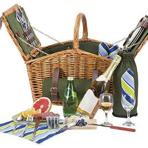 CALIFORNIA PICNIC Basket Set for 4 Person Picnic Hamper Set, Double Lid, Beach Collection, Folding Picnic Blanket Ceramic Plates Metal Flatware Wine Glasses