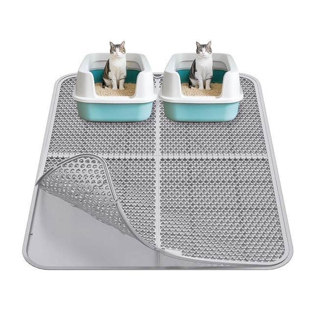 windhunt Large Cat Litter Mat XL Double Layer 33”x25”, Large Kitty Litter Box Mat Waterproof Urine Proof Trapping, Easy Clean, Silicone Cat Supplies & Accessories for Indoor Pets, Grey