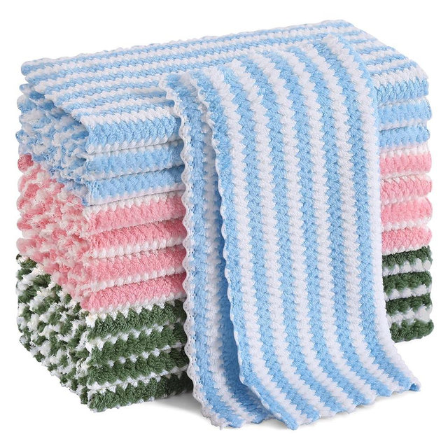 Homaxy 12 Pack Kitchen Dish Cloths, Ultra Soft and Absorbent Dish Towels, Reusable Fast Drying Microfiber Cleaning Cloth, Coral Velvet Wave Design No-lint, 10 x 10 inches, Blue/Pink/Grass Green