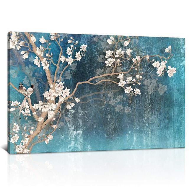 DekHome Large Size Couple Birds and Orchid Flower Blossom Picture Painting Print Artwork Teal Blue Canvas Wall Art Animal Canvas Print for Living Room Framed Ready to Hang 24"x40"