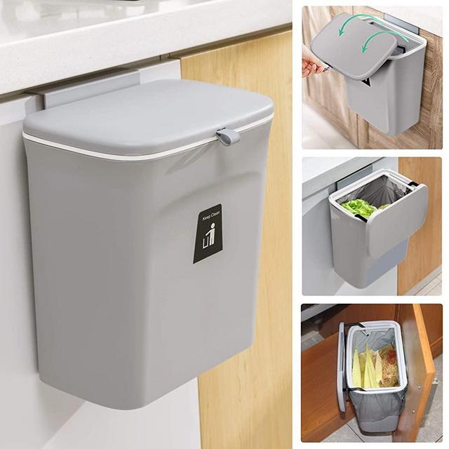 2.4 Gallon Kitchen Compost Bin for Counter Top or Under Sink, Hanging Small Trash Can with Lid for Cupboard/Bathroom/Bedroom/Office/Camping, Mountable Indoor Compost Bucket, Gray