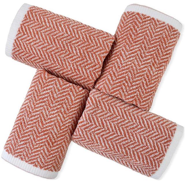 Coral Hand Towels for Bathroom with Herringbone Stripes, Stylish 100% Ctton Hand Towel Set of 4, Ultra Soft and Highly Absorbent, 13 x 28 Inches