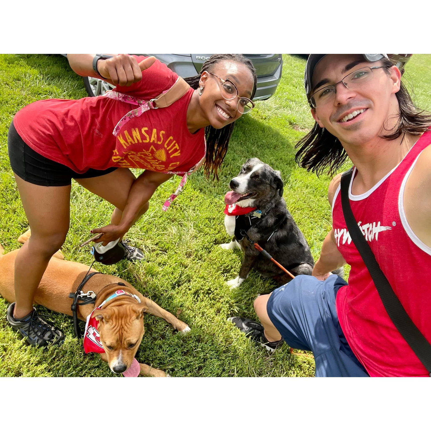 A walk with the dogs, Oddie and Honey.