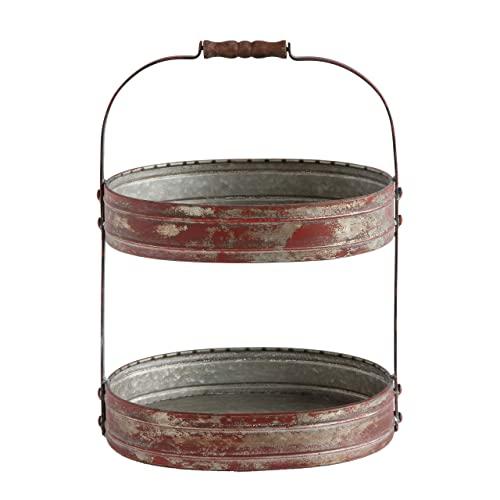 Creative Co-Op Red Metal Oval 2 Tier Tray with Handle