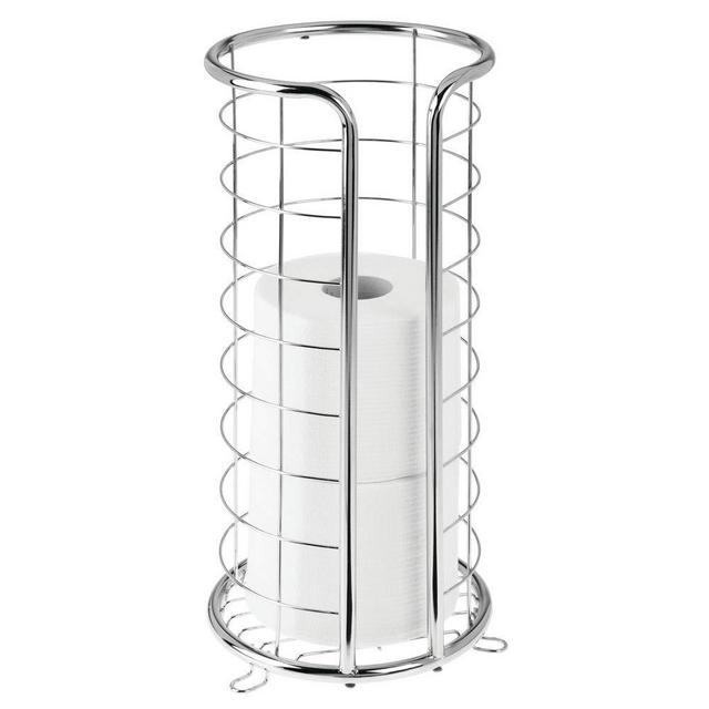 mDesign Decorative Metal Free Standing Toilet Paper Holder Stand with Storage for 3 Rolls of Toilet Tissue - for Bathroom/Powder Room - Holds Mega Rolls - Chrome