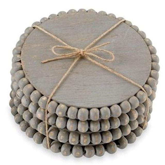 Mud Pie Gray Beaded Wood Coaster Set
