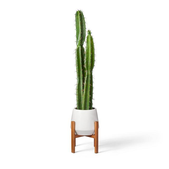 47" x 11" Faux Cactus Plant with Wood Stand Planter White - Hilton Carter for Target
