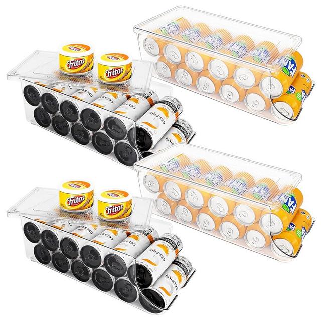 SCAVATA Normal & Skinny Can Organizer for Refrigerator, Stackable Soda Pop Can Holder Dispenser with Lid for Fridge Pantry Rack Freezer, Clear Plastic Storage Bins-Holds 12 Cans Each, 4 Pack