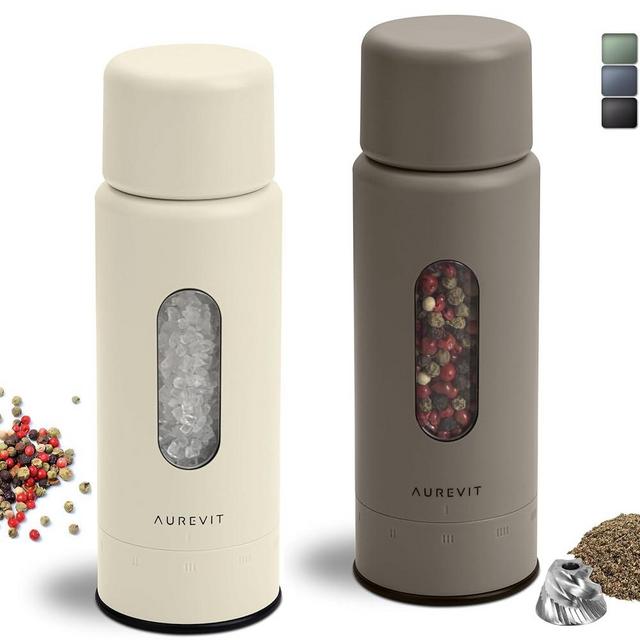 Aurevit Salt And Pepper Grinder Set Manual, Salt And Pepper Mill With Ceramic/Stainless Steel Core, External Adjustable Coarseness, Refillable, Durable (2 Packs, Greige&Buttercream)