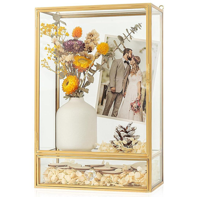 Shadow Box Frame, 3.5" Deep Wedding Shadow Boxes Display Case with Drawer, Glass Gold Shadow Memory Box for Picture, Wedding Bouquet, Pet Memorial and Keepsakes