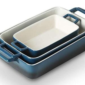 KOOV Bakeware Set, Ceramic Baking Dish, Rectangular Baking Pans Set, Casserole Dish for Cooking, Cake Dinner, Kitchen, Wrapping Upgrade, 12 x 8.5 Inches, 3-Piece (Gradient Blue)