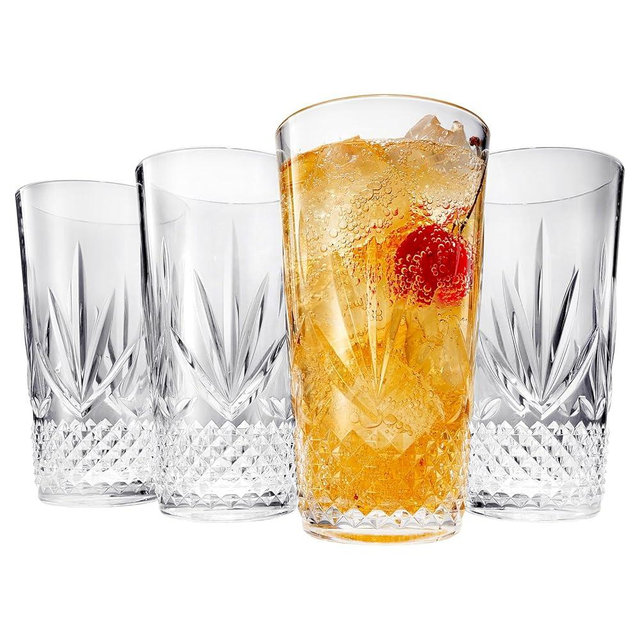 Khen Large Plastic Tumblers Highball Drinking Glasses Shatterproof & Reusable Clear Acrylic | 4 Set | Crystal Glass Lookalike Tritan, Dishwasher Safe, Unbreakable BPA-free, Outdoor & Indoor 12OZ