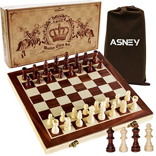 ASNEY Upgraded Magnetic Chess Set, 15” Tournament Staunton Wooden Chess Board Game Set with Crafted Chesspiece & Storage Slots for Kids Adult, Includes Extra Kings Queens & Carry Bag