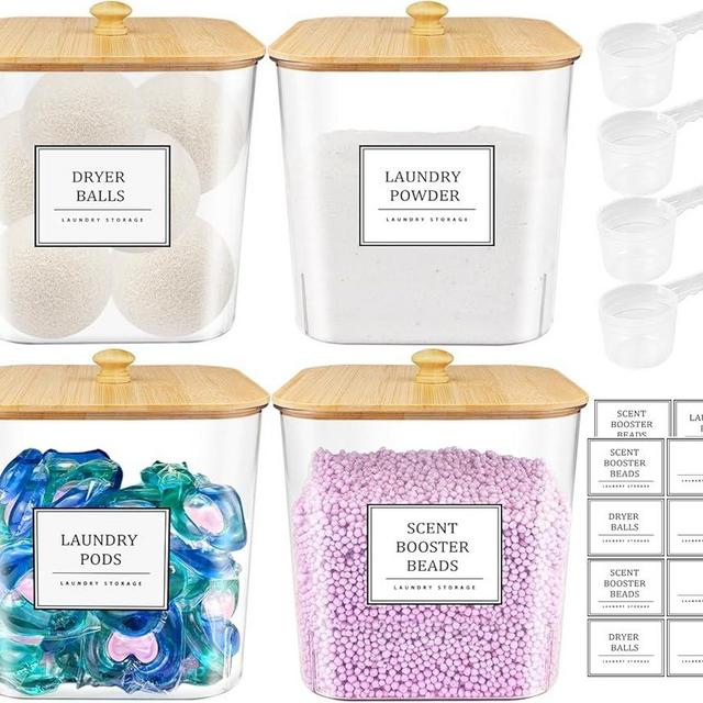 4 Pack Laundry Pods Container,Clear Laundry Room Organization Containers,Large Laundry Detergent Powder Storage Containers with Bamboo Lids & Labels,Laundry Pods Holder for Scent Booster,Powder,Pods