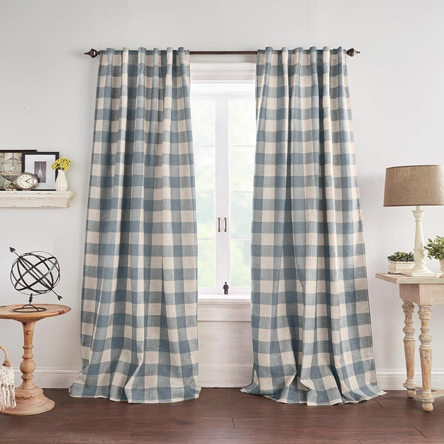 Threadmade Grainger Buffalo Check Blackout Window Curtain, Chambray - 52" W x 108" L